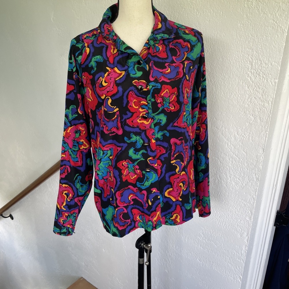 Vintage Carlisle Vintage Floral 100% Silk Top Womens 8 Blouse Vibrant Colorful